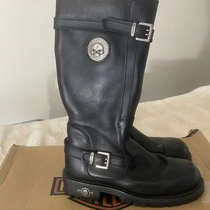 HARLEY-DAVIDSON Skull Tall Black Leather Biker Moto Motorcycle Boots, 8